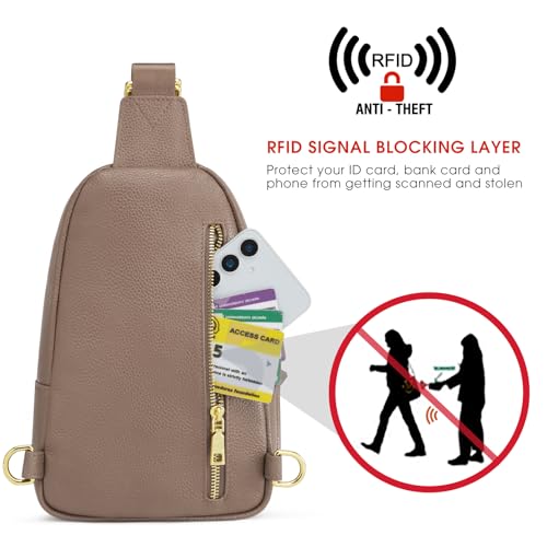 Kattee Sling Bag for Women, Leather Crossbody Bags for Travel, Khaki | Top grain pebbled cowhide leather fanny pack crossbody purse. Small chest bag with RFID blocking for travel. - color: Khaki