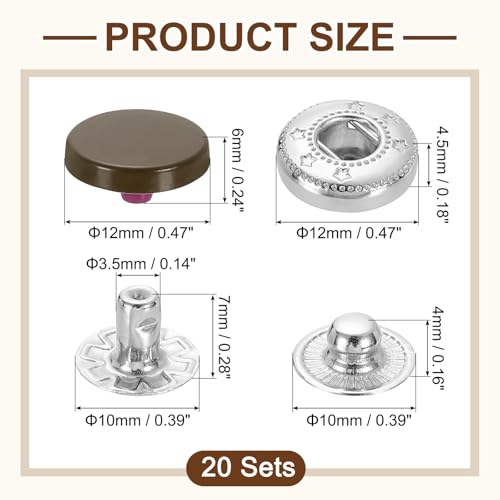 uxcell 20 Set Snap Fasteners, 12mm #633 Zinc Alloy Press Studs Buttons Popper Stud Cap for Clothing Jeans Jackets Leather Sewing Repairing, Dark Brown - color: Dark Brown, size: 12mm
