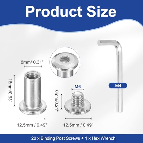 PATIKIL M6x6mm Hex Chicago Screws 8x16mm, 20Pcs 304 Stainless Steel Metric Hex Drive Socket Cap Binding Post Screw Posts for Scrapbook Leather Belt Album Furniture Repair, Silver - size: M6x6mm, 8x16mm
