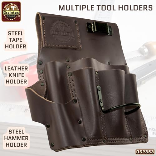 Graintex Drywall Pouch Brown Color Heavy Duty Top Grain Leather, Steel Hammer Holder, Drywall Tool Belt, Framers Tool Pouch, Construction, Carpenter, Electricians - OS2353