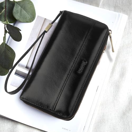 Real Leather Wristlet Wallet Women With RFID Blocking(ypblack) - color: b1-Oiled leather black