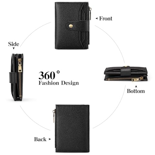 GAEKEAO Small Wallets Woman RFID Blocking Leather Bifold Card Holder Wallets with Zipper Pocket Removable ID Window - color: D04-Black