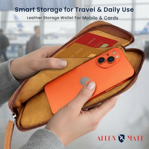 ALLEN & MATE Genuine Leather iPhone Pouch with Zip – Slim Mobile Phone Sleeve Cell Phone Pouch for iPhone 17 Pro Max, 16, 15, Google Pixel 10, Samsung Galaxy S25 & Android Smartphones Tan - color: Tan