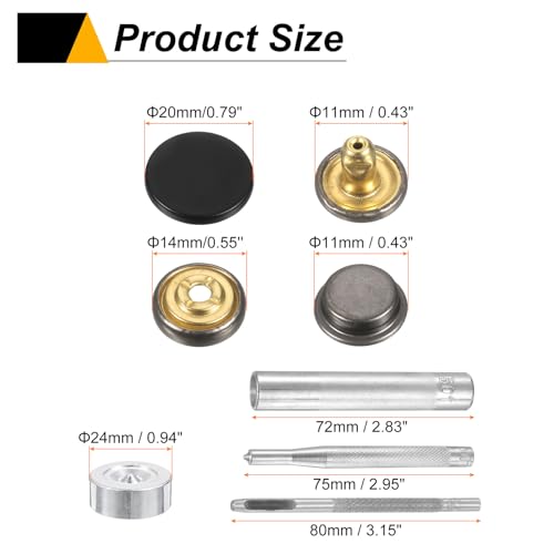 HARFINGTON 24Set Leather Snaps Fasteners Kit 20mm Dia Brass Press-Stud Cap Button 2.95" Length Metal Snap Buttons with 4 Install Tools for Coat Bag Leather Marine Boat Canvas, Matte Black - color: Matte Black, size: 20mm
