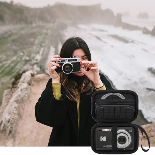 Elonbo Camera Carrying Case for KODAK PIXPRO FZ45/ FZ55 Digital Camera | Compact Camera Case, Hard Bag, with Mesh Pocket Wrist Strap Double Zipper, for Vlogging, Travel Protective Storage, Black - color: Black+Inside Black