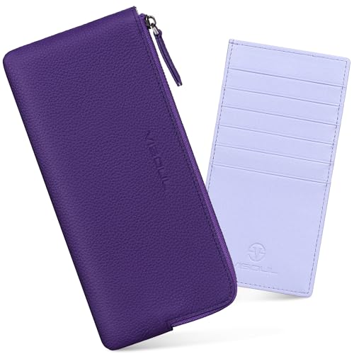 VISOUL Long Zipper Cash Wallet for Women with Removable Credit Card Holder Soft Genuine Pebbled Leather Contrast Color-Purple and Light Purple - color: Purple and Light Purple