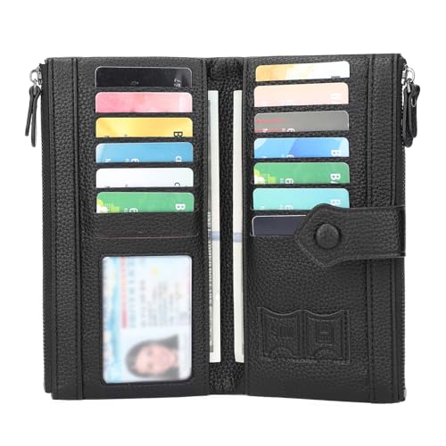 Women Soft Leather Wallets Slim Bifold RFID Blocking Ladies Credit Card Holder Double Zipper Pockets - color: B05 Black