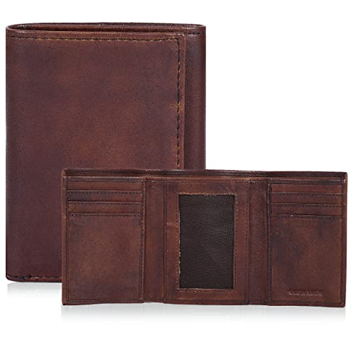 Trifold Leather Wallet for Men - RFID Slim Minimalist Front Pocket 6 Slots - color: Wash Brown
