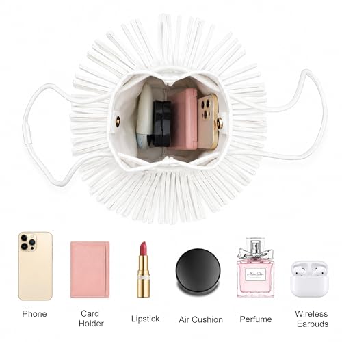Women Mini Tassel PU Leather Crossbody Shoulder Bag Drawstring Bucket Bag | Small Fringe Cross body Bag Cell Phone Coin Purse Wallet - color: White