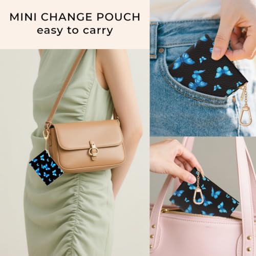 Blue Butterfly Keychain Coin Purse for Women, Small Change Pouch | Zipper Key Chain Purse, Little Tiny Zip Pocket, PU Leather, Travel Wallet for Girls, Cute Coin Holder, Key Ring, Women Gifts - color: Blue Butterfly