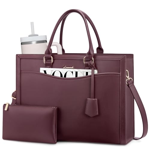 LOVEVOOK Laptop Tote Bag for Women, Large Work Computer Bag with Cup Holder - color: Leather/Purple, size: 15.6 Inch