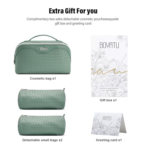 BOYATU Travel Makeup Bag Cosmetic Bags for Women: 3 Pcs Set Make up Bag | Large Capacity Waterproof Vegan Leather Organizer Bags with Compartments - Lay flat Toiletry with Handle (L10 Grass Green) - color: L10 Grass Green