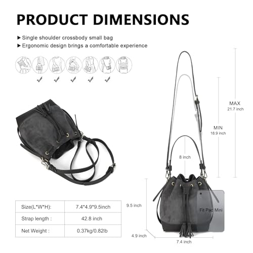 AFKOMST Suede Bucket Crossbody Bag and Shoulder Purse for Women - color: Grey