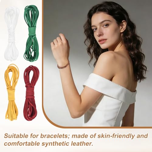 MECCANIXITY 4 Pcs Suede Cord, 5.5 Yards Flat Faux Leather Cord Soft Durable Leather String with Silver Closed-Mouth Ring Rope Clip Lobster Clasps for Art Craft, Red/Dark Green/Yellow/White - color: Red/Dark Green/Yellow/White