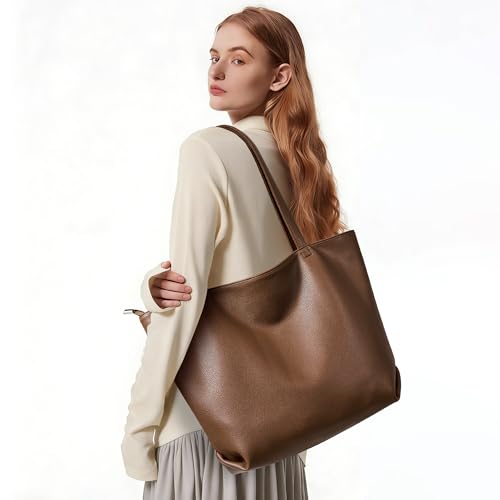 WLLWOO Soft Vegan Leather Tote Bag for Women Large Hobo Zipper Purse | Casual Shoulder Handbags Carryall for Work Daily Weekender Travel Commute - color: Coffee