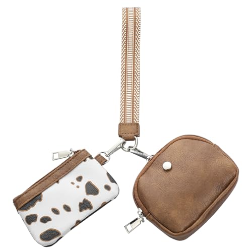 KUKOO Wristlet Wallets for Women, Zip Around Coin Purse Detachable Dual Pouch Keychain Wallet - color: Brown Cow
