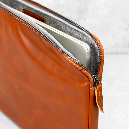 Casemade Real Leather Laptop Case/Zipped Folio Bag with Inner Pocket & Wool Lining Compatible with Apple MacBook, HP, Dell, Asus, Levovo (14 Inch - Tan) - color: Tan, size: 14 Inch