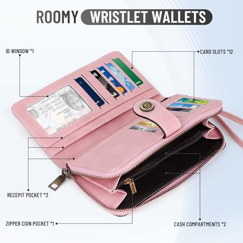 Pink Wristlet Wallets for Women with Cherry Purse Charm PU Wallet | Credit Card Holder, Large Capacity, 12 Card Slots, Zipper Pocket, Ladies Clutch - color: Pink