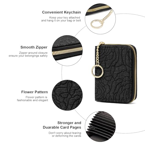 RNIEGA Credit Card Holder RFID Blocking Small Wallet for Women Vegan Leather Card Case Wallets with Zipper Keychain - color: zz-Black