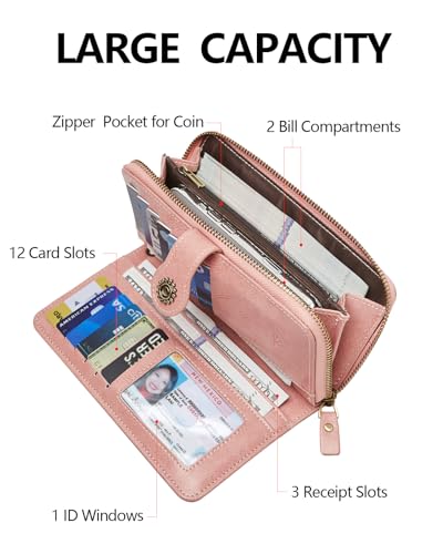 TFKGS Wallet for Women RFID Blocking Leather Large Capacity Card Holder Ladies Phone Clutch Travel Long Purse Wristlet | RFID Blocking - color: 2-Upgrade-Wax-Pink