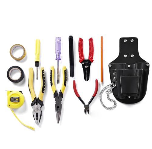 Small Tool Pouch, Genuine Leather Electrician Tool Pouch | 7 Pockets with Metal Tape Chain, Reinforced Rivets, Convenient & Quick Tool Access - color: black-b