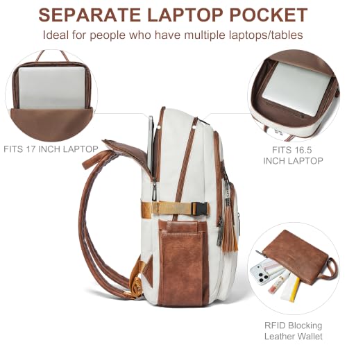17 Inch Laptop Backpack Purse for Women with Giant Tumbler Holders | Vegan Leather,Travel Work Business College Teacher Nurse,USB Port,RFID Wristlet Purse,28L Large Capaity,Beige with Brown - color: Beige With Brown