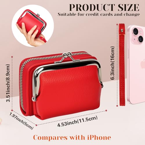 Women's Wristlet Wallet, Card Holder & Coin Purse, Small Change Purse | Small change purse for coins, small coin purse for women, wrist wallets for women, coin pouch, zip no kiss lock coin purses - color: Red