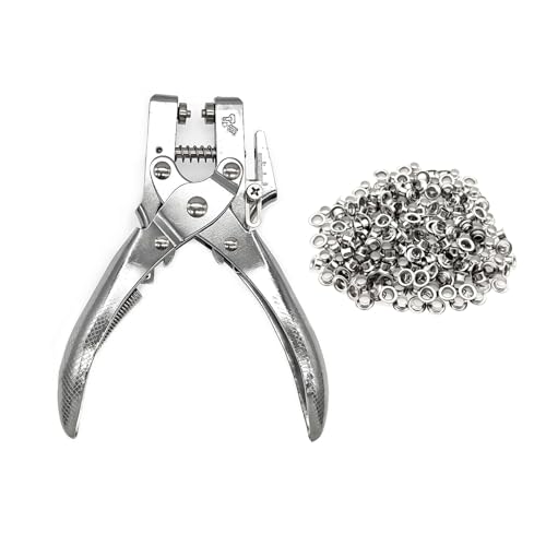 JZK Heavy Duty 5mm Single Hole Punch and Eyelet riveting Pliers Set with 200 Silver Rivet for Paper Cardboard Leather Belt Cloth Thin Plastic, Metal Stud Punch kit Hole Puncher Tool