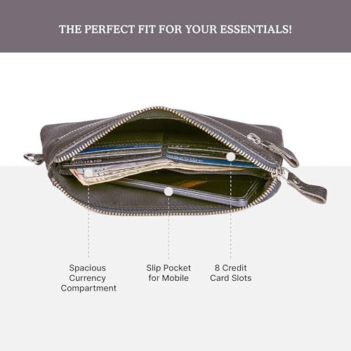 Leather Wristlet Wallet for Women Clutch Handbag Purse with Cell Phone Slot | Genuine Top Grain Leather, 8 Credit Card Slots, Detachable Strap, YKK Zipper, Gifts for Women - color: Dark Grey Nappa