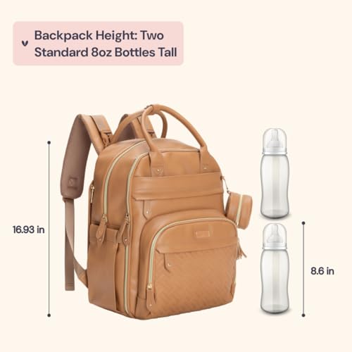 BabbleRoo Leather Diaper Bag Backpack - Baby Essentials Travel Baby Bag, Multi function, Water Resistant, with Changing Pad, Stroller Straps & Pacifier Case – Unisex, Light Brown - color: Vegan Leather Light Brown, size: Large