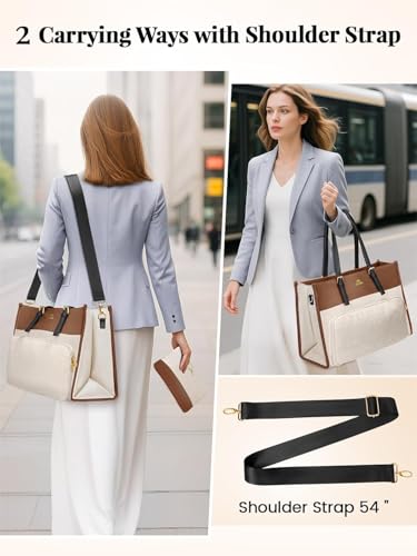 MATEIN Brown PU Leather Laptop Tote Bag with Lunch Compartment for Women | PU Leather Computer Handbag, Water Resistant Shoulder Bag for Women, Office Business Gift, Teacher Nurse Office Tote, 2 Sets - color: Brown