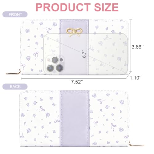 Floral Print Coquette Bow Long Wallet for Women (LONG-PURPLE) | Clutch Wallet, Phone Holder, Coin Pocket, 12 Card Slots - color: LONG-PURPLE