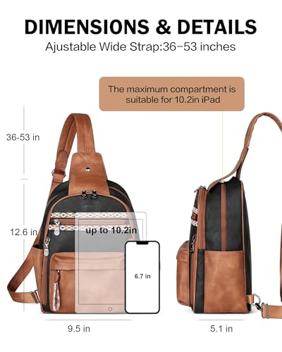 Large Sling Bag for Women, Designer 10L Leather Crossbody Purse | Anti Theft Sling Backpack, RFID Fanny Packs for Travel, Ideal for Vacation Walking Daily Errands - color: Retro Black With Brown