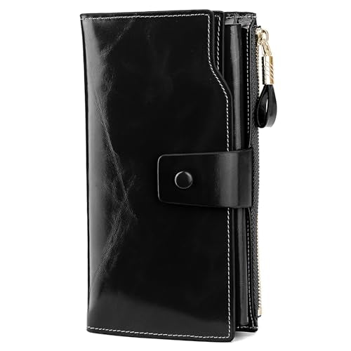 YALUXE Women's RFID Real Leather Wallet with 21 Card Slots Phone Pocket - color: 3- Waxed Black, size: Genuine Leather