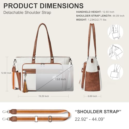 Shrrie 15.6 Inch Laptop Tote Bag for Women Large Leather Shoulder Bag Handbags Purses with Detachable Shoulder Strap - color: Beige With Brown