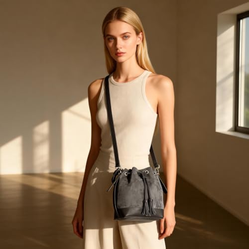 AFKOMST Suede Bucket Crossbody Bag and Shoulder Purse for Women - color: Grey