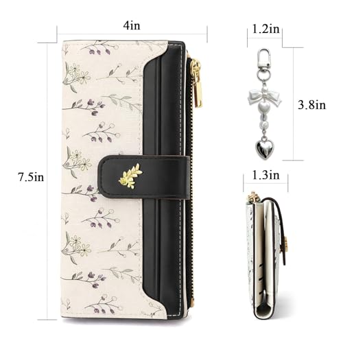 Women's Bifold Long Wallet, Slim & Thin RFID Blocking Floral Vegan Leather Card Holder with Bow Keychain (Black) - color: Black