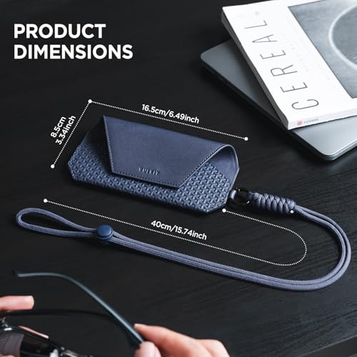 VULKIT Portable Leather Eye Glasses Case for Women & Men, Slim Sunglass Case, Unisex Eyeglass Case - color: Ink Navy With Lanyard