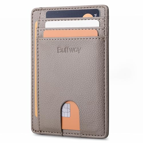 Buffway Slim Minimalist Front Pocket RFID Blocking Leather Wallets for Men and Women - Lichee Khaki - color: Lichee Khaki