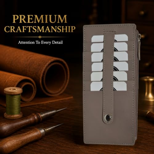 Leatherboss Genuine Leather Women's All in One Credit Business Card Case Holder Slim Zipper Wallet With a Card Protection Strap, Light Brown - color: Light Brown