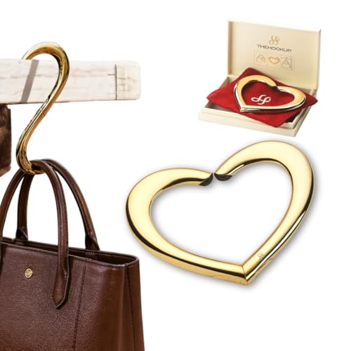 HOOK UP Purse Hook for Table Hold up to 30 lbs 22k Gold Finish Purse Hanger | Portable Handbag Holder for Women | Patented Bag Hook for Desk, Travel, Cafe & Office | Foldable Heart Design Purse Hook - color: Gold