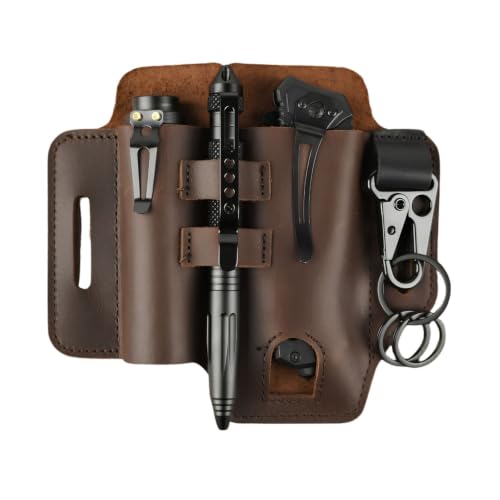 Leather Multitool Sheath for Belt – EDC Pouch & Leather with Flashlight Holder,Pen Loop & Keychain Clip –Multi Tool Holster Pouch for Men,Gift - color: Brown