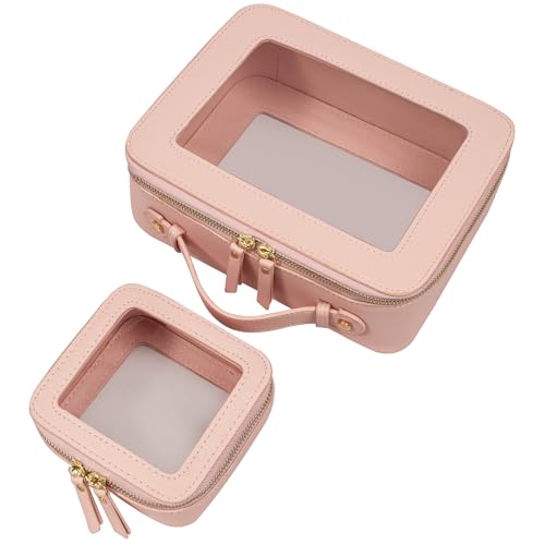 Clear Mahjong Tiles Set,Portable Travel Toiletry Bag Cosmetic Case for Women,Vegan Leather Make Up Pouch Organizer Pink Car Essentials for Girls Women (Mini+Large Pink) - color: Pink, style: Mini&large