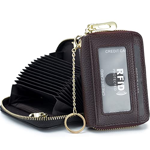imeetu Rfid Credit Card Holder, Businese Card Case, Wallet for Women Men | Genuine Leather Card Wallet with id Window, Keychain & Double Zipper, Water-resistan Small Wallet with Gift Box, Daily Travel - color: Pro - Coffee