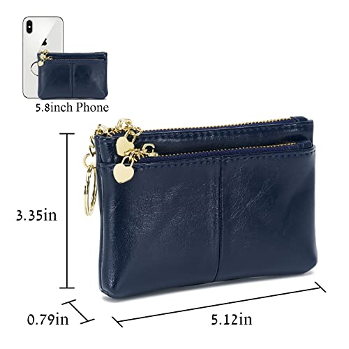 Women PU Leather Zip Mini Coin Purse With Key Ring Triple Zipper Card Holder Wallet (Navy) - color: Navy