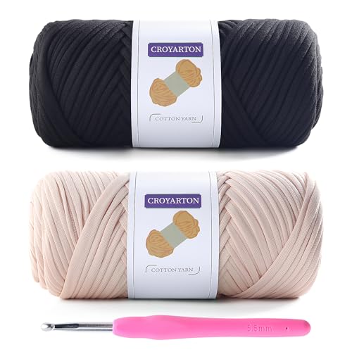 2 Pack T Shirt Yarn for Crocheting with 1 Crochet Hook, Elastic Tshirt Yarn for Crochet Bag/Baskets/Home Decor, Spaghetti Yarn Thick Knitting Yarn Total Length 130 Yds, Weight 14 Oz (Black+Beige) - color: Black+Beige