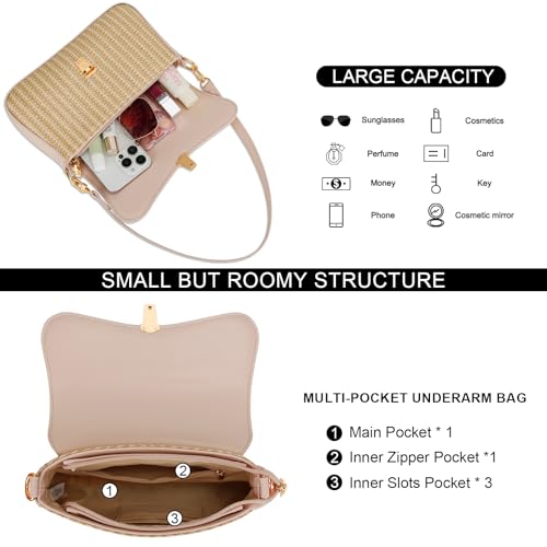 KKXIU Small Shoulder Bag for Women Cute Hobo Handbags Mini Clutch Purses | Classic Trendy Retro Underarm Crossbody Bag with Detachable Straps, Zipper Closure - color: Straw Weave-beige