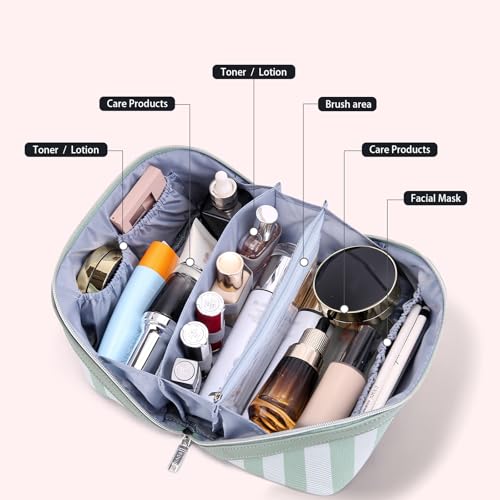 BOYATU Travel Makeup Bag for Women: 3 Pcs Set Striped Make up Bag,Green | Vegan Leather Cosmetic Bags with Compartments - Waterproof Large Capacity Toiletry Bags - 180° Open-Flat Makeup Organizer - color: A-2-Green