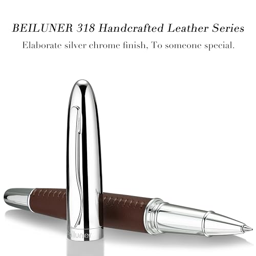 BEILUNER 318 Luxury Leather Pen, Hand-Stitched Premium Leather, Chrome-Plated Finish, Smooth Black Ink Refill, Fancy Rollerball Pen Gift Set for Men & Women, Executive Writing, Nice Designer pen - color: Brown