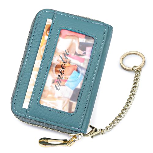 imeetu RFID Credit Card Holder, Small Card Wallet Women, Leather Card Case | Genuine Leather Women's Card & id Cases, Change Coin Purse with Zipper Keychain id Window, 20 Colors & 3 Styles, Daily, Gifts - color: Pro - Peacock Blue, size: Pro